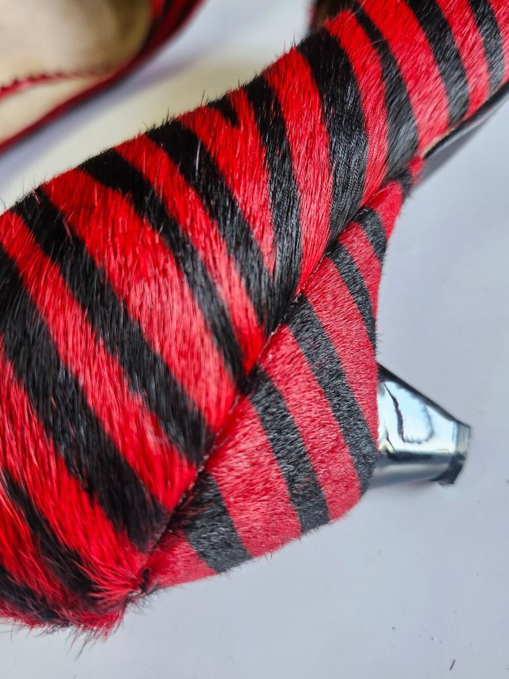 Vibrant Red + Black Zebra Stripe Mohair Fur Vintage 2" Kitten Heels